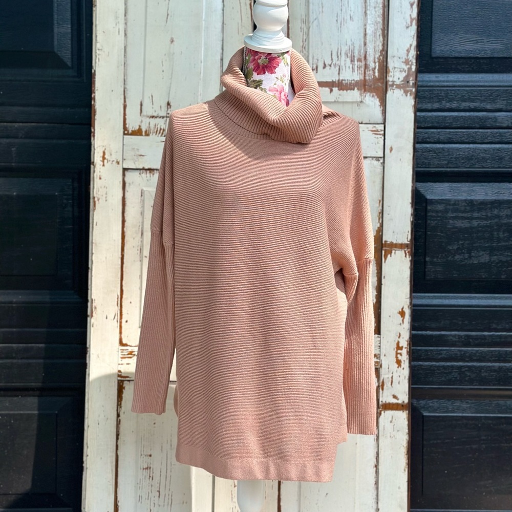 Long tan sweater with cowl neck